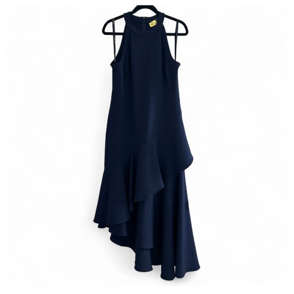 Shoshanna Navy Blue Ruffle Asymmetrical Hem Maxi Long High Neck Dress Women's 10